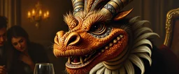 close up portrait painted by Rembrandt, smiling stupid looking furry dragon at banquet
