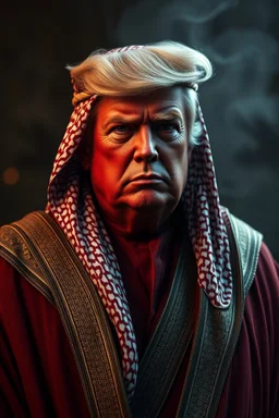 President Trump wearing Arabic cloths , red skin, scales, unreal engine 6, high detail, intricate, cinematic. photoshoot style, intricate, studio lighting, masterpiece , highly detailed, 8k, best quality, fire, smoke, dramatic,d,<lora:mshn:0.7>,<lyco:Warrior_Couture:0.5>,