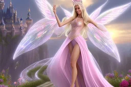 castle in background, beautiful, soft, big smiling, straight and long blonde hair, dewy and shiny atmosphere, diamond crown, long fairy wings in the back, full head, pink veil clothes