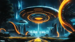 tron legacy movie, matrix universe, creatures,, space ships, city of the future, trees , forest, yellow, blue, red, orange, realistic, , space, planets, god creations