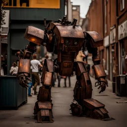 trash mech suit, human-sized, made of scrap metal, small, rusting