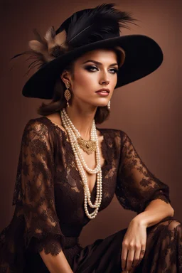 full body beautiful girl, elegant brown lace clothes of the 80s, luxury style, small elegant hat with feather, hair of the 80s, pearl necklace, earrings masterful, beautiful face