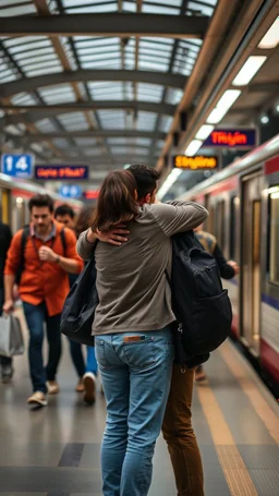 A man and a women hugging each other in the train station , people are rushing to the train