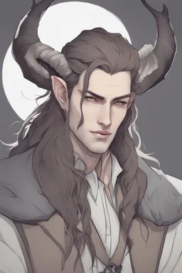 A dnd character portrait, a tiefling man with long hair and two black horns, white eyes and pale skin. Handsome. Young.