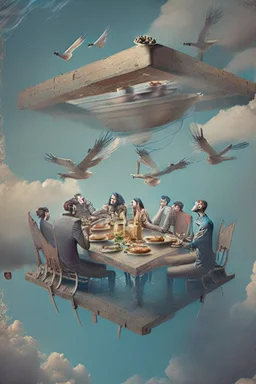 Flying table with people sitting there eating their dinner