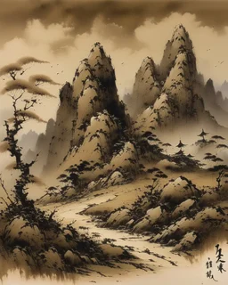 A dark brown dry mountain painted by Zhang Lu