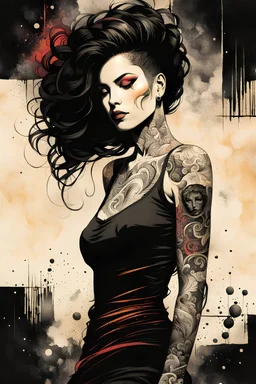 an abstract and serene lithographic illustration of a tattooed goth girl with highly detailed hair and facial features , finely drawn and inked, 4k, hyper detailed and vibrantly colored in the comic art style of Bill Sienkiewicz and Frank Miller