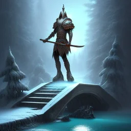 fantasy art, book cover, upper body of big shiny wizard with an axe in hand, in front of the ebony stairs of a bridge or dam ,icy water, there is also a hawk sitting on his shoulder