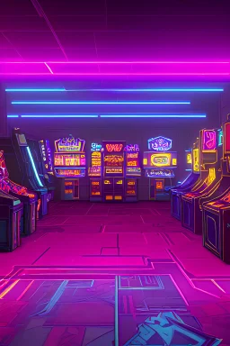 A dark photo of the corners of an 80's aesthetics arcade at night, with a lot of functioning arcade machines, a vaporwave floor and some colorful tiles in between the floor. Purple aesthetics.