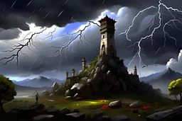 Digital art, high quality, masterpiece, natural illumination, contrast, grey sky, thunder, lightnings, (tall inca towers:1.5), (inca ruins:1.2), dead trees, helicopter at the right