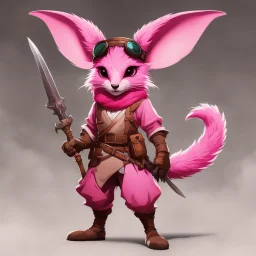 Create a cartoon illustration of a pink, furry creature with large ears and a long tail. The creature should be wearing a brown hat with goggles, a pink scarf, a pink jumpsuit, brown leather boots, and a brown leather belt with a pouch and a dagger. The creature should be standing with its right hand on its hip and its left hand holding a dagger. The creature should have a friendly expression on its face. The background should be white