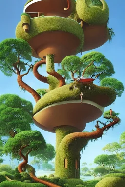 A surreal futuristic stylish modern flat, on Epic tree, treehouse, art by Roger Dean and Lee Madgwick , photorealistic, high level of details