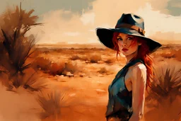 Redhead girl in a halter top jean and a fedora hat hat standing by an African desert :: digital matt painting with rough paint strokes by Jeremy Mann + Carne Griffiths + Leonid Afremov, black canvas