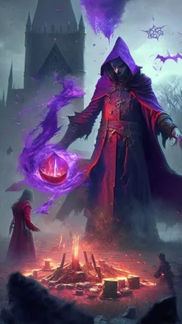 warlock in the centre casting magic, blood being sucked, medieval battlefield in the background