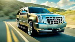 A sleek with livery (((Customized gangsters lowrider cadillac escalade))), its contours and details perfectly captured in a (((cinematic view))), zipping along a winding road under a beautiful blue fresh morning sky