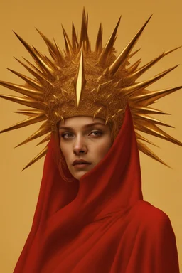 lady in red veils her face and has a large golden spiked crown, in the style of celestial fasion, otherworldly beauty, davide sorrenti, celestialpunk, album covers, fra angelico, aykut aydogdu, queencore, golden age aesthetics --s 750 --v 6. 0 --ar 10:13