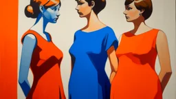 The image is a painting of three women standing side by side, facing each other. The woman on the left is wearing a blue dress, the woman in the middle is wearing a white dress, and the woman on the right is wearing an orange dress. All three women have short, straight hair and are looking to the side with serious expressions on their faces. The background is a light blue color and there is a green field in the lower right corner. The painting is done in a realist style, with bold brushstrokes a