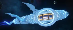 celtic knot hollow tube transparent core ornate indented space ship, shiny bright mega ship flourescent white blue like bubble gum with a few big windows and decks, interdimensional twister, rock against colored spaced fog, space interior. split tail, winged serpent, glowing aura