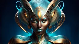 futuristic illutration: a fantasy female creature with a textured, metallic body that emits rhythmic, scratchy sounds. Its skin resembles the grooves of a guiro, with vibrant, swirling patterns. It has lively, glowing eyes and moves gracefully, radiating energy