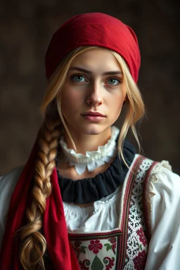 portrait a dark blonde young married woman in authentic Hungarian sárköz folk costume and short red woman headscarf , look at the camera, high realistic, high qulity, detailed, sad, beauty, perfect photo