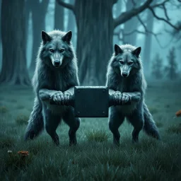 digital art two gray body hair anthropomorphic wolves together they carry a heavy anvil in their paws in a blue-green meadow, in the background trees with huge trunks rainy day, high contrast, high detail, atmospheric, dark fantasy, sci-fi atmosphere, cinematic