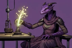 a black and purple, female argonian artificer who uses Tesla coils, skinny, wearing little armor and a robe, sitting in her lab