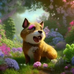 pixar style, volumetric summer garden environment and background, realistic painting of muffin, looking excited, volumetric lighting, dramatic lighting, detailed digital painting, extreme dense and fine fur, anime, ornate, colour-washed colors, elegant, small minutiae, tiny features, particulars, centered, smooth, sharp focus, renderman gofur render, 8k, uhd, detailed eyes, realistic shaded volumetric lighting, sunlight caustics, backlight, centered camera view