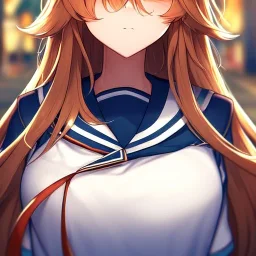 Clear focus,8k,Beatiful Lighting,Beatiful Blur,Beatiful Face,Beatiful Shading,Amber long hair,fluffy hair, long fluffy bangs, Cyan eyes, wearing a sailor uniform, Extreme Close Up