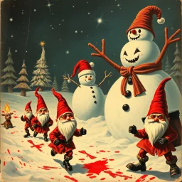 there is no kebabs at christmas, evil Santa, evil gnomes running around, staring flaming eyes, evil Rudolf, very big evil angry Frosty the snowman in background, kebabs and kebab, 1940 christmas postcard, blood stains, scared kerubs