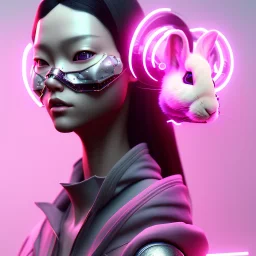 Portrait, Front avatar image, sweet rabbit mask, cyberpunk Asian woman, black pink color, highly detailed, concept art, smooth, unreal engine 5, god rays, ray tracing, RTX, lumen lighting, ultra detail, volumetric lighting, 3d, finely drawn, high definition, high resolution.