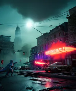 Godzilla Scene, realistic image, panic people running and screaming, retro futuristic, Edward Hopper style, smooth, unreal engine 5, god lights, ray tracing, RTX, lumen lighting, ultra detail, volumetric lighting, 3d.