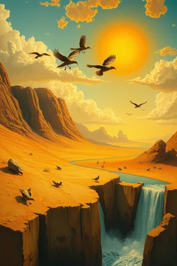 Hieronymus Bosch Style high quality picture waterfall in the desert birds hovering above sunny hot sky