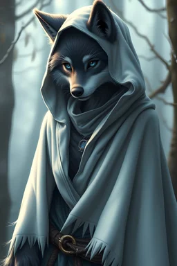 full body, furry anthropomorphic female werewolf in a white hooded cape, grey short fur, wilderness, masterpiece, light, expert, insanely detailed, 4k resolution, sharp, sad, blue eyes, short ears