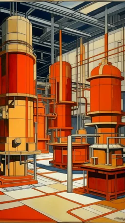 An orange factory with hammer machines painted by Piet Mondrian