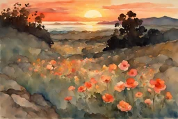 Amazing Sunset, flowers, countryside, rocky land, mountains, epic, winslow homer watercolor paintings