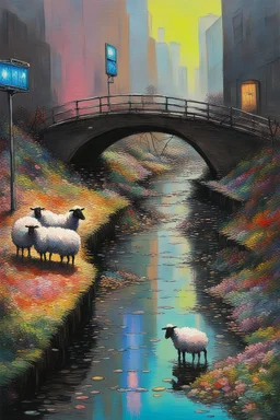 painting of a cyberpunk colourful natural walkway rubbish on the street in the city with pollution and a small bridge by a creek with electric sheep and androids by monet