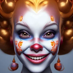 Ultra detailed very beautiful smileing cute clown girl,beautiful real skin, red nose, shallow of dept 3d, symmetrical, ultra detailed curl hair, ambient lighting, ultra detailed face, concept art, circus,party, digital painting, octane render,quixel megascans, depth of field (or dof),film photography, dslr, cinema4d, studio quality art by artstation