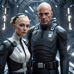 a bold and heroic bald male Corellian pilot in black and metallic grey First Order special forces gear meets a female Jedi Master in ancient, mystical temple, hyperdetailed, dynamic lighting, hyperdetailed background, 8k resolution, volumetric lighting, light skin, fully symmetric details