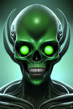 green alien, head, evil, black eyes, weapons, blood, 8k, finely detailed, photo realistic, HR Giger style turquoise skull head red Mohak