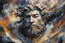 An abstract and enigmatic portrayal of Zeus, the king of the gods, using bold strokes and dynamic shapes to capture the essence of divine power, (abstract and enigmatic portrayal:1.4), (Zeus, king of the gods:1.5), (bold strokes and dynamic shapes:1.3), (expressive and divine ambiance:1.2), inspired by abstract interpretations of classical mythology and the divine, trending on CGSociety, Intricate, Sharp focus, dynamic lighting, (captivating:1.4), (godly ambiance:1.5), (abstract essence:1.3)