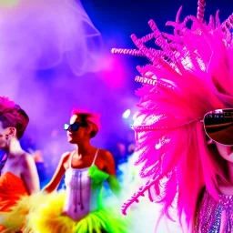 Ultra Realistic photo, medium shot view, drunken dancer sexy women, carnival scene, steampunk. Pink hair, confeti, Sunglasses, smoking, happy, festival, red fog. highly detailed, concept art, unreal engine 5, ray tracing, RTX, lumen lighting, ultra detail, volumetric lighting, 3d, finely drawn, high definition, high resolution.