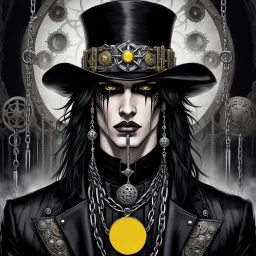 medium close from drawing a striking gothic emo male model with long black hair and intense dark yellow eyes, wearing dramatic black eyeliner and lipstick. He has pale, smooth skin with strong, sharp facial features. The model is adorned with gothic accessories silver chains , circle earring and black steampunk hat. The overall mood is dark, mysterious, and elegant, with a high-fashion gothic aesthetic. The background is softly lit with fog in gray tones, focusing all attention on the face