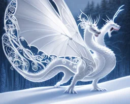 mdjrny-v4 style, a white dragon with fairy-like transparent glowing and shining wings standing in snow, full body, silver lightning, glowing soft and smooth wings, realistic, highly detailed intricately detailed, shiny snowy background, soft studio lighting, trending on artstation, by artist "Julie Bell", by artist "Greg Rutkowski"