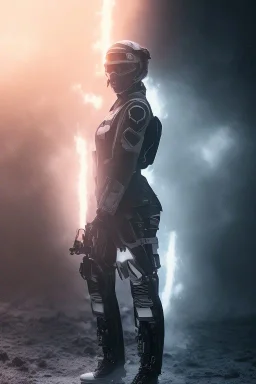 All Black AnnaSophia Robb soldier, ghost, wearing high tech mask, white smoke, dark, rage, sorrow, high definition, ultra 8 k, volumetric lighting, blue fire, fog