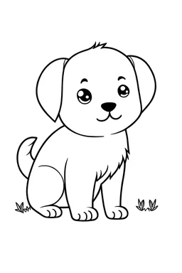 a coloring page, full body view, cute little puppy, clean lineart, balck and white only.