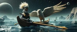 fish eye lense, a fluffy quickling egyptian bald hat looks like the opposite of a vampire in bunad leaning on statue of twister interdimensional sci fi boat with oars that looks like wings gliding through space waters under the biggest owl