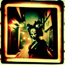 Dramatic Vintage Polaroid picture, fantastical pale mottled skin crepey Geisha reaper with red glowing eyes levitating in a derelict alleyway in a city at midnight, dark fantasy aesthetic, dramatic city fog, dust motes hang in air, lit by ambient light from neon "BAR" sign, intricately detailed, complex contrast, dynamic composition; oddball masterpiece, sfumato, sinister,