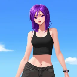 a pretty girl, skinny, relaxed, tank top, purple hair, digital art