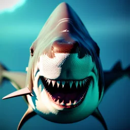 Cute shark,deep water unreal 5, octane render, cinema4d, redshift render, hyper realistic, cenematic, vibrancy, synthwave, retouch, centered, dynamic lighting, dramatic lighting, 4k, highly detailed, attractive beautiful, realistic, virtual reality, epic composition, holographic,