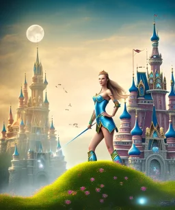 happiness world, castle background, warrior princess in front